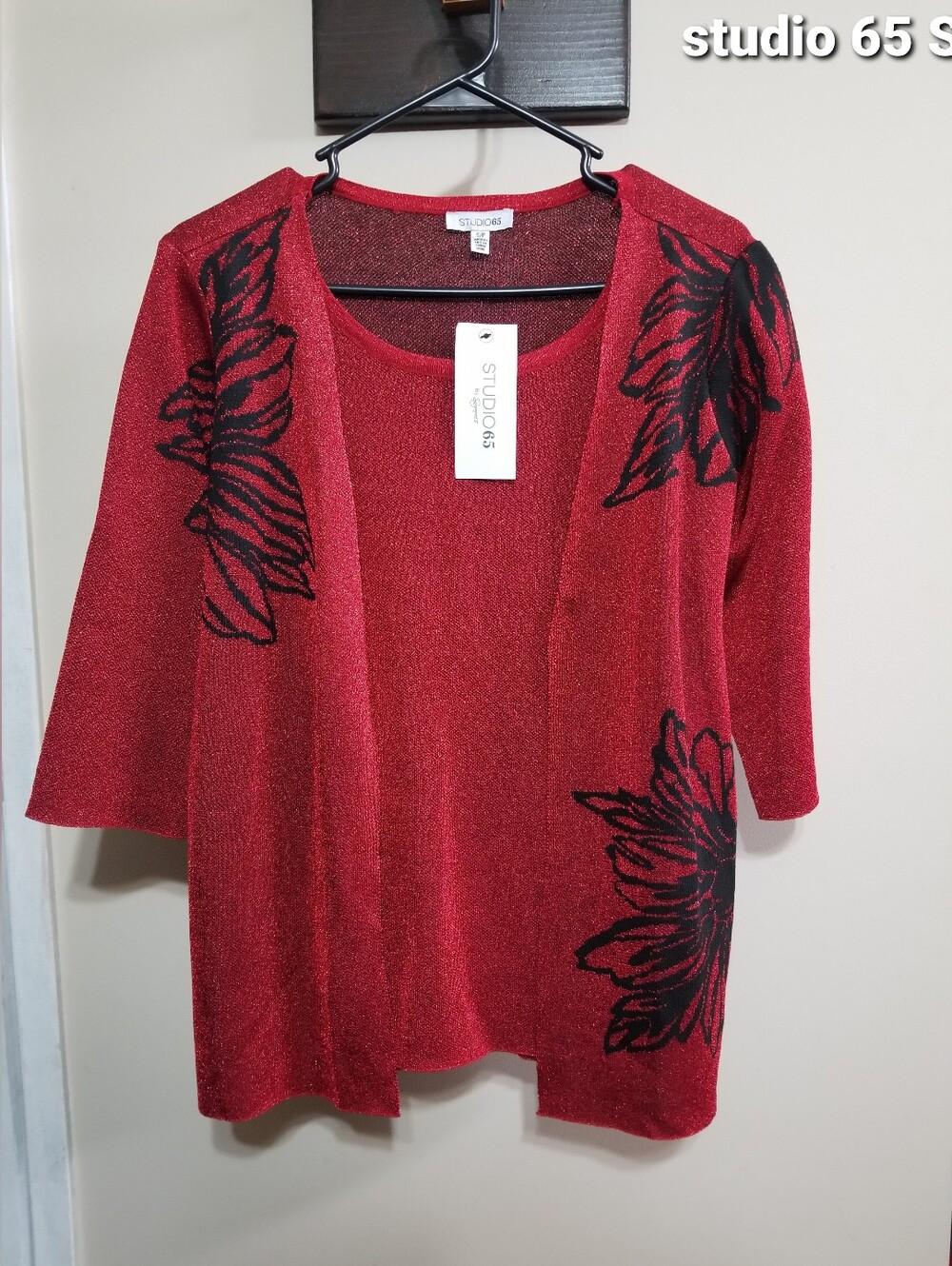 Studio 65 Red Open-Front Knit Cardigan Black Floral Accents Small Nwtags